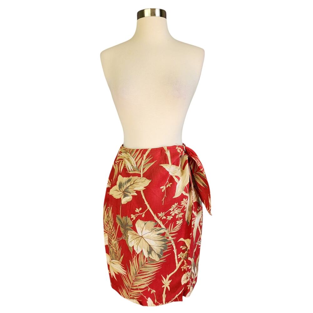 Lauren Ralph Lauren Womens Hawaiian Wrap Skirt Petite Size 4P Linen Red Tan Leaf